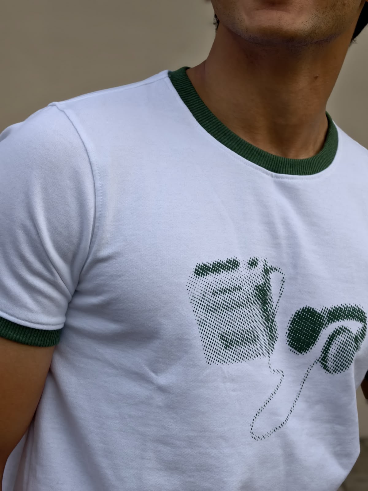 RINGER TEES - WHITE/GREEN PRINT