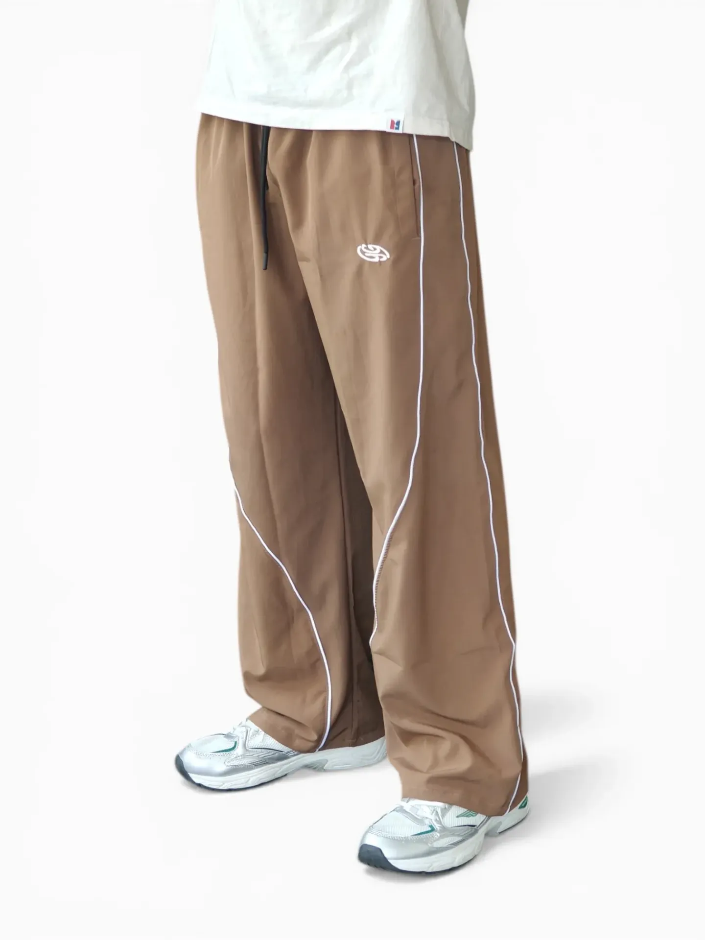 [M BRWN FRNT] Loose fit piping track pants-Caramel Brown (M)